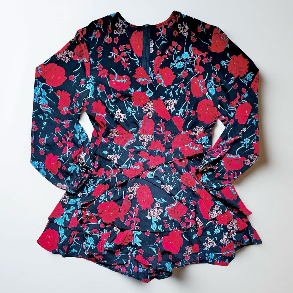 Floral Long Sleeve V-Neck Romper with Tie